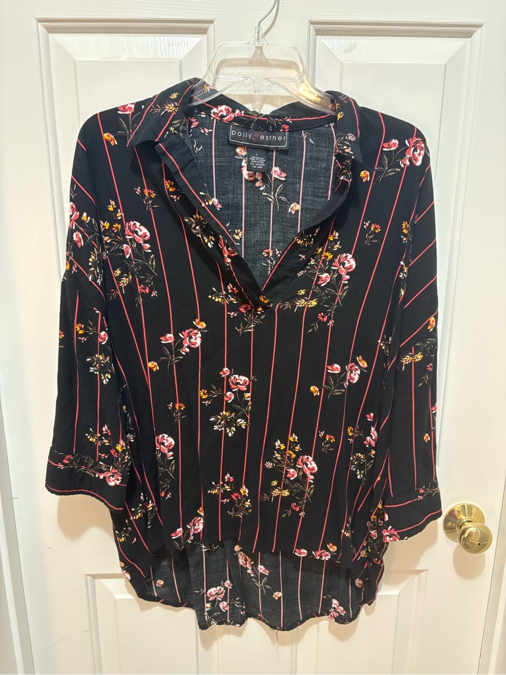 Polly & Esther Black Floral Stripe V-Neck Blouse